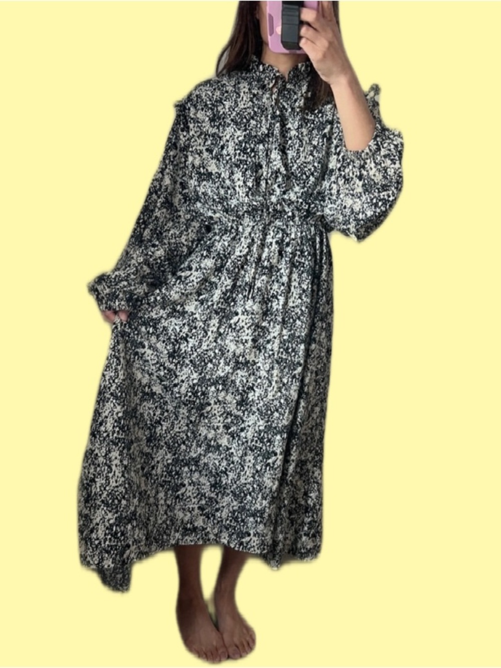 Fall Classy Monochrome Floral Long Sleeve Dress M